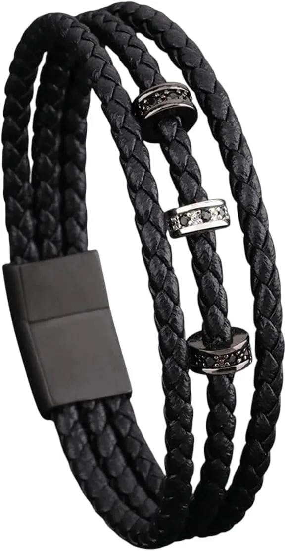 Men Strand Leather Bracelet Matte Black Stainless Steel Buckle Cz Crown Beads Accessories Handmade Gift