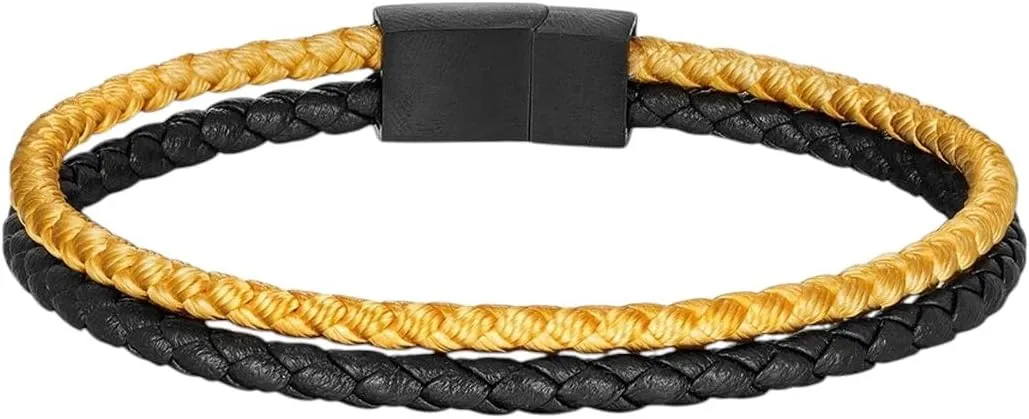 Men Strand Leather Rope Bracelet Matte Black Stainless Steel Buckle Accessories Handmade Jewelry Gifts