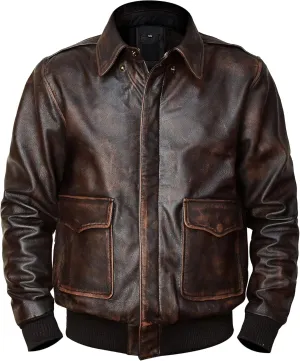 Mens A2 Leather Flight Jacket American Military Pilot Aviator Bomber Leather Coat (Brown, 3X-Large)
