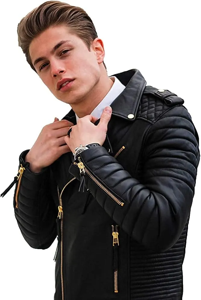 Men's Biker Jacket - Lambskin Leather Motorcycle Rocker Retro Winter Jacket, Double Rider Jacket with Multiple Pockets