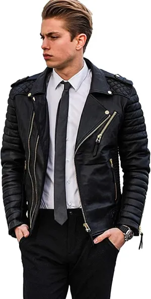 Men's Biker Jacket - Lambskin Leather Motorcycle Rocker Retro Winter Jacket, Double Rider Jacket with Multiple Pockets