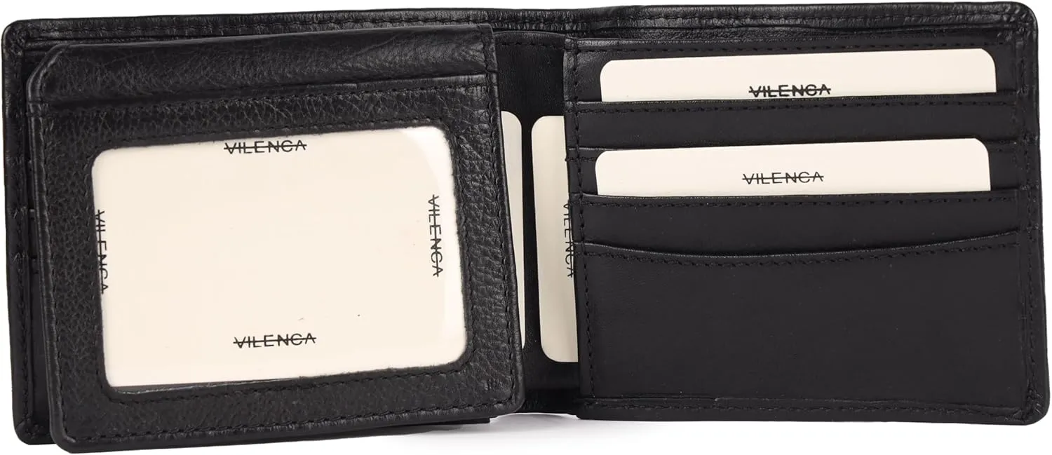 Men's Genuine Italian Leather Bifold Wallet - Sleek & Minimalist, RFID Protected, ID Window Flap, Card Holder, Gift for Him (Black)