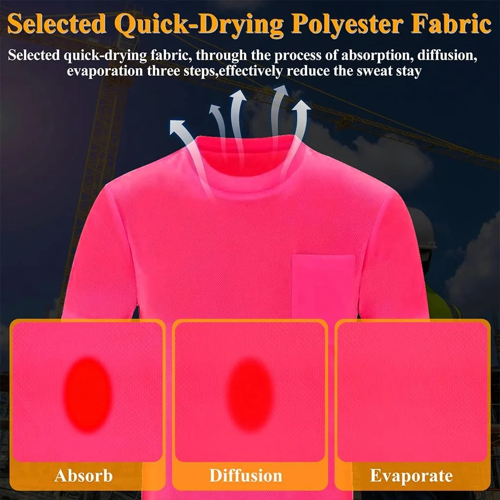 Mens’ High Visibility Safety Short Sleeve T-Shirt with Pocket Moisture Wicking Shirts,Multipack
