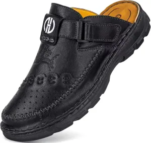 Mens Leather Clogs Mules Summer Slip-on Casual Sandals Soft Leather Thick Sole