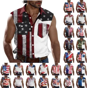 Mens Muscle Tank Tops American Flag Graphic Cargo Shirts Sleeveless Independence Patriotic Shirts 4th of July Outfits