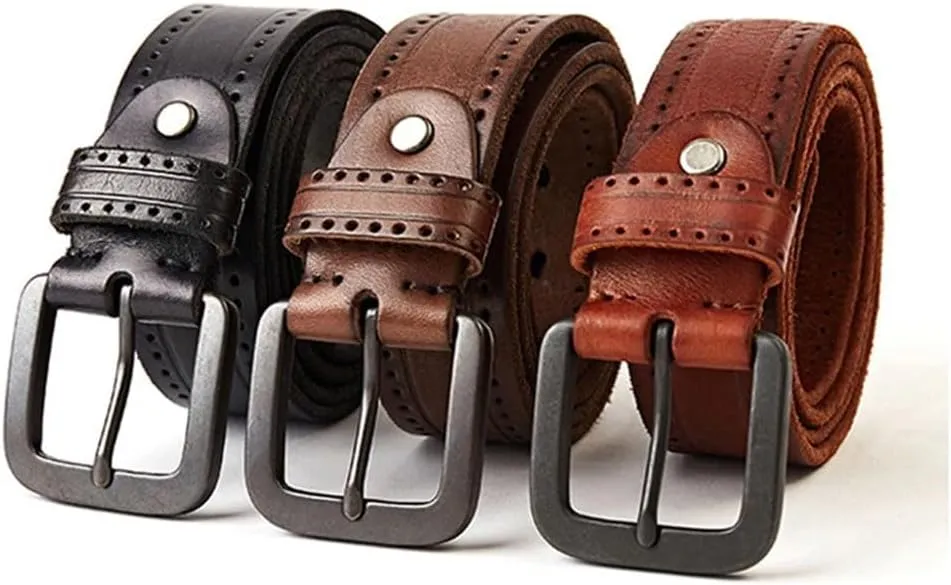 Men's Natural Leather Belt Hard Metal-Matte Buckle Leather Belt 105-150Cm Jeans Belt Screw Accessories