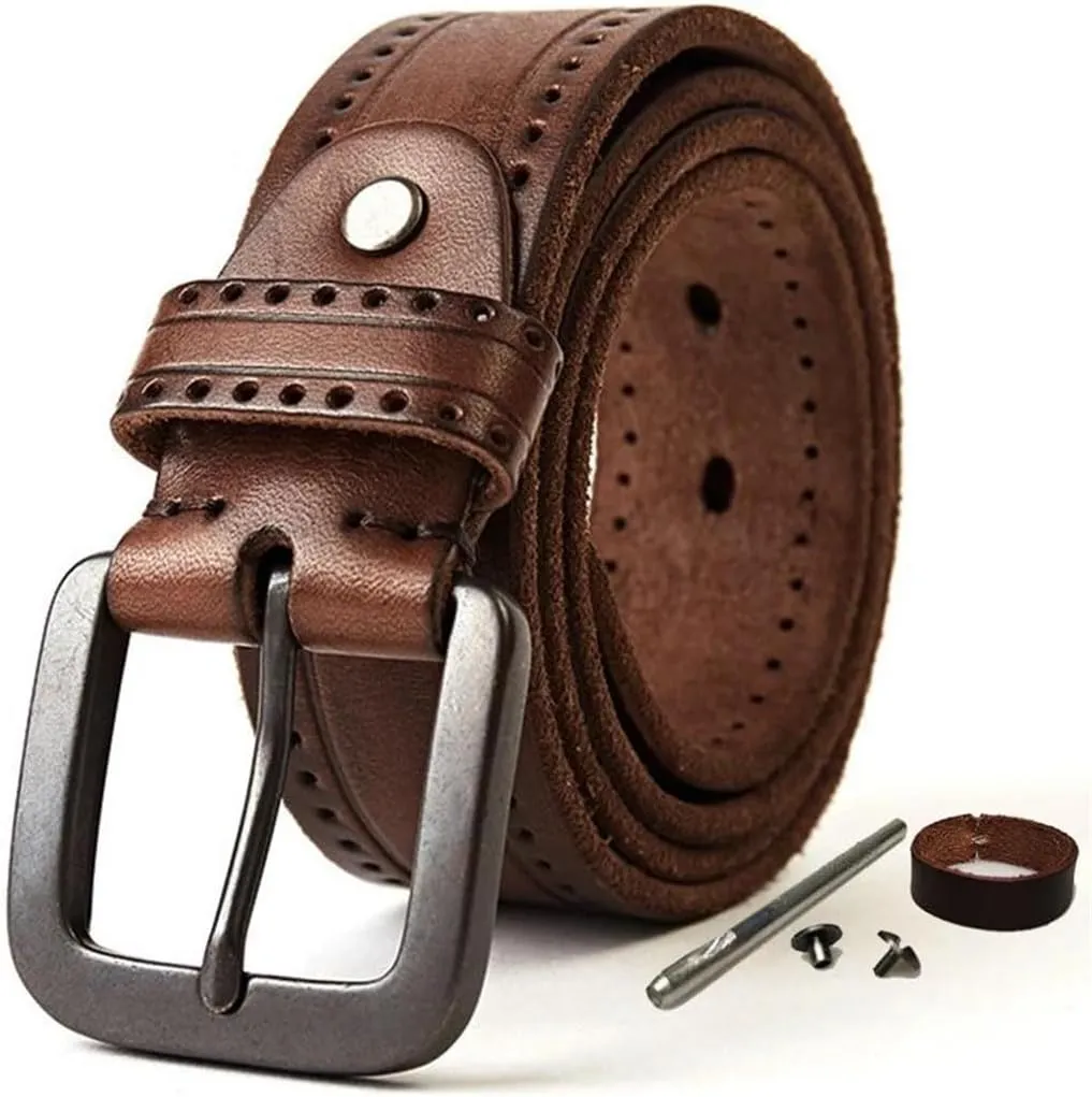 Men's Natural Leather Belt Hard Metal-Matte Buckle Leather Belt 105-150Cm Jeans Belt Screw Accessories