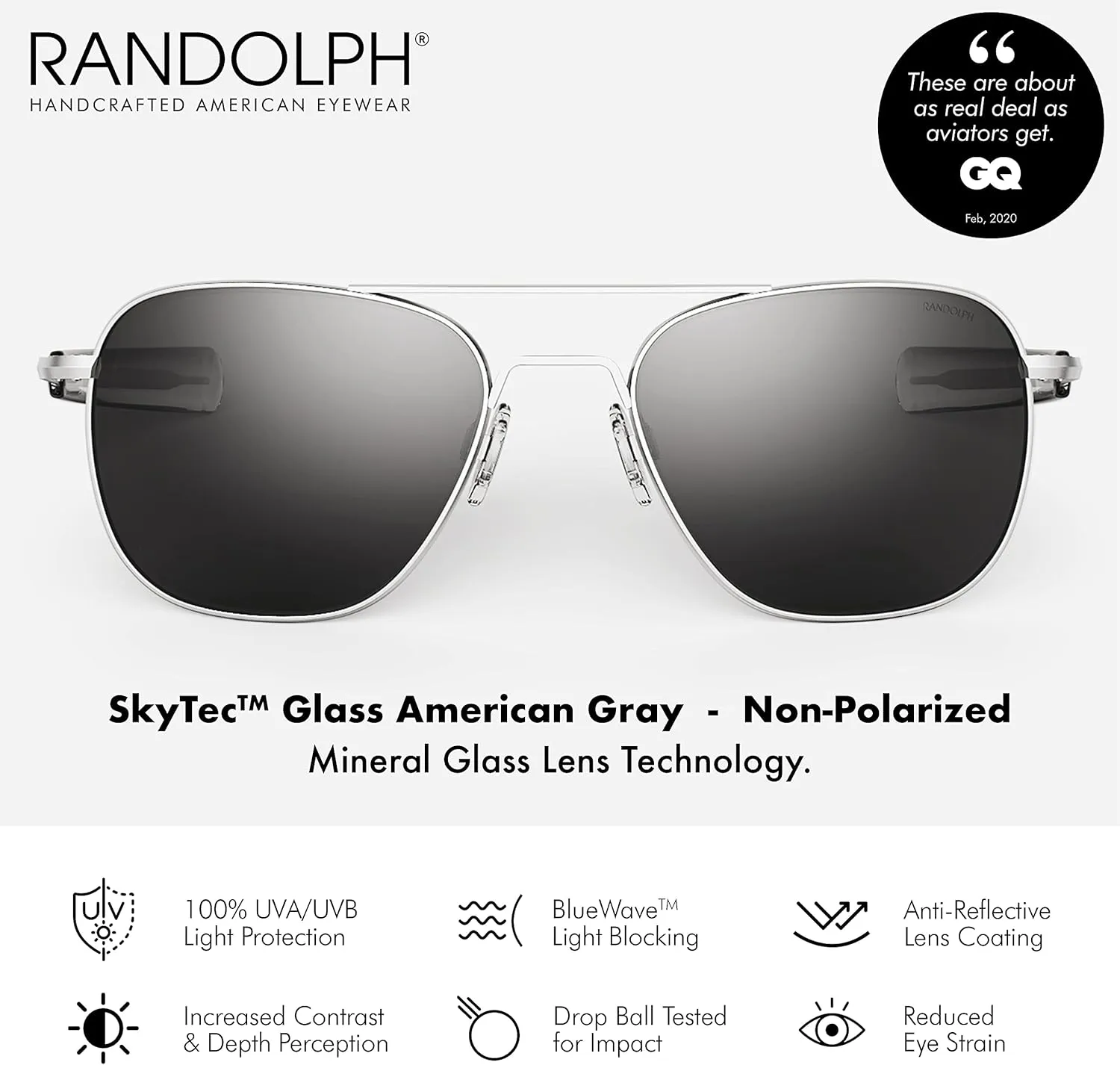 Mens or Womens Aviator Sunglasses, Matte Chrome, Classic, Polarized and Non-Polarized with UV Protection by Randolph USA
