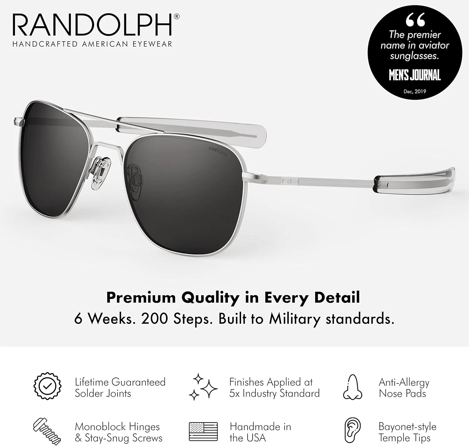 Mens or Womens Aviator Sunglasses, Matte Chrome, Classic, Polarized and Non-Polarized with UV Protection by Randolph USA