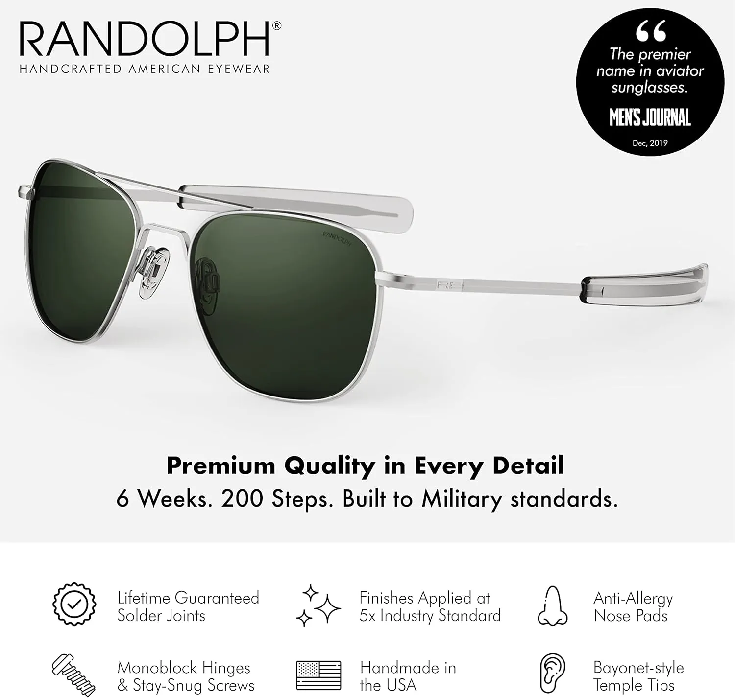 Mens or Womens Aviator Sunglasses, Matte Chrome, Classic, Polarized and Non-Polarized with UV Protection by Randolph USA