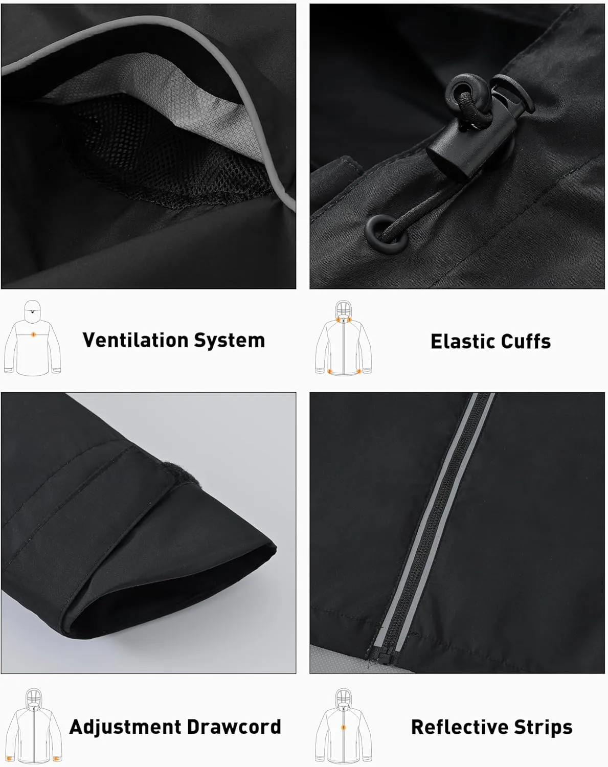 Men's Packable Rain Jackets Lightweight Waterproof Reflective Windbreaker Coat with Hood Cycling Running Golf