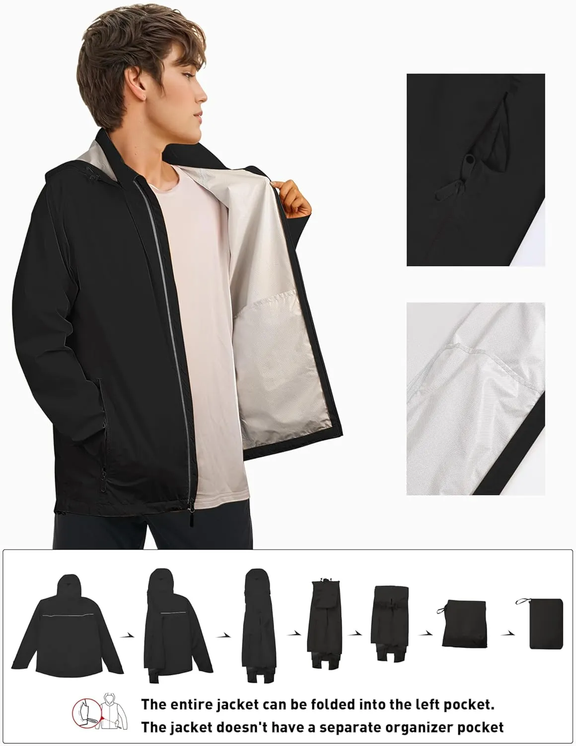 Men's Packable Rain Jackets Lightweight Waterproof Reflective Windbreaker Coat with Hood Cycling Running Golf