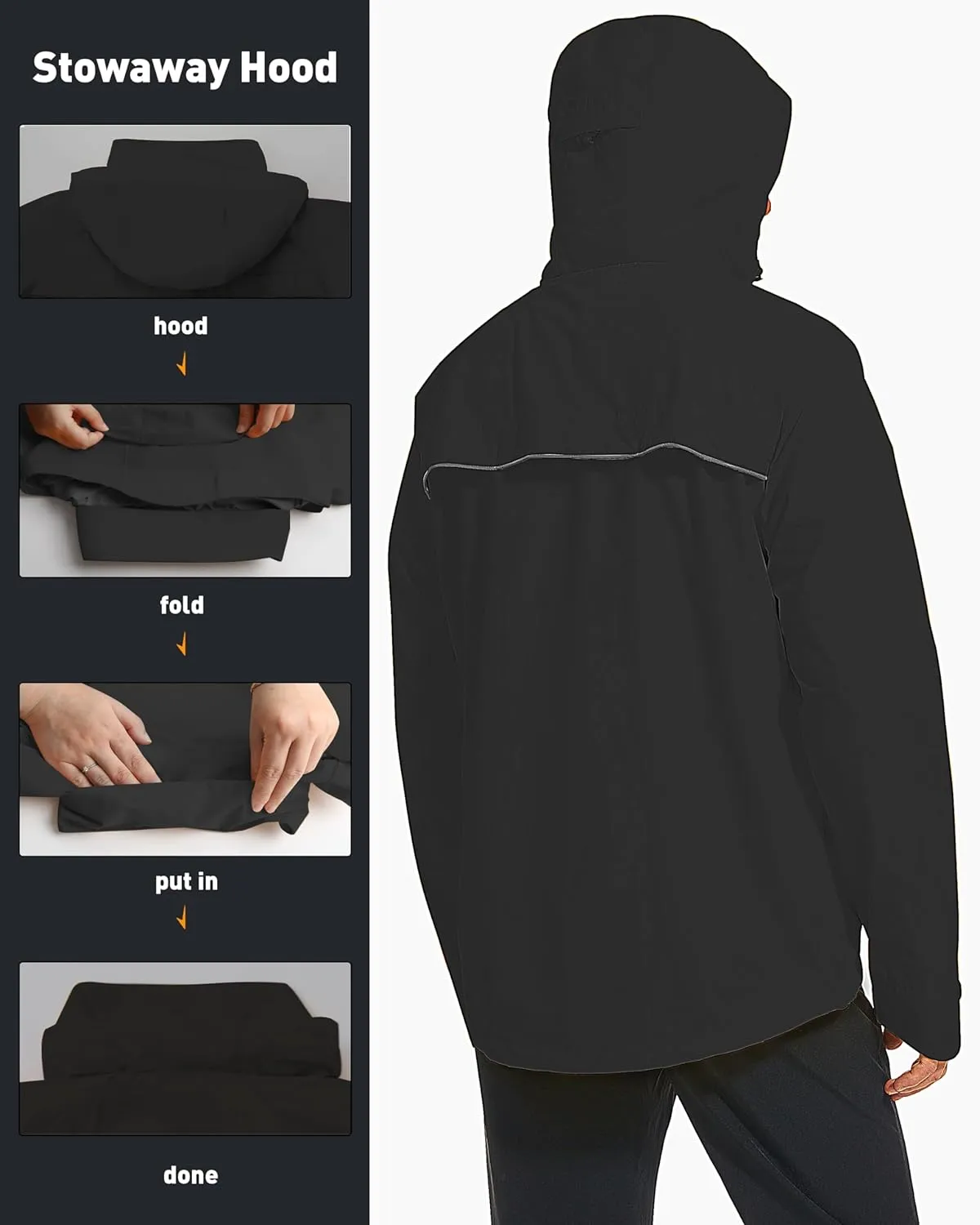 Men's Packable Rain Jackets Lightweight Waterproof Reflective Windbreaker Coat with Hood Cycling Running Golf