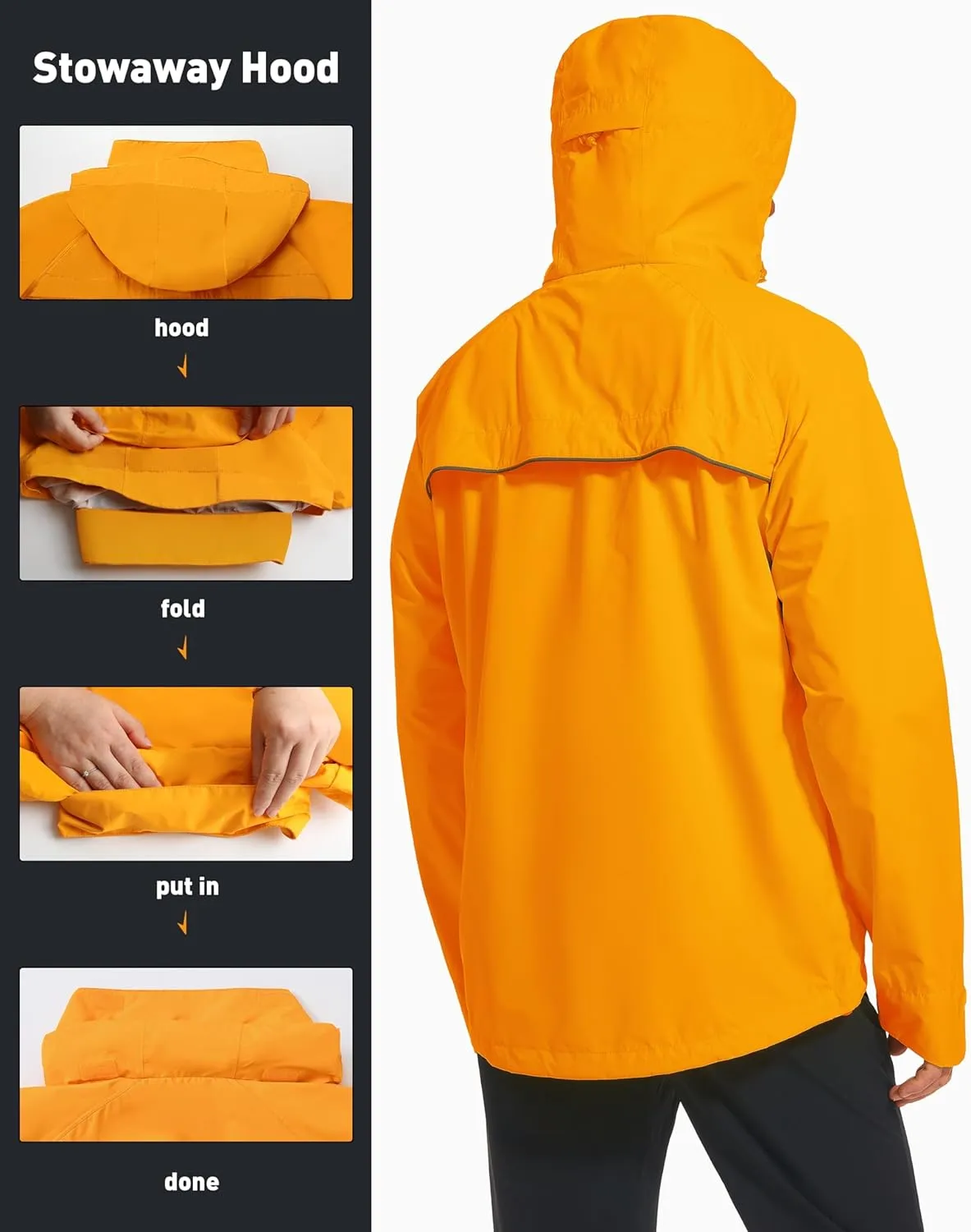Men's Packable Rain Jackets Lightweight Waterproof Reflective Windbreaker Coat with Hood Cycling Running Golf