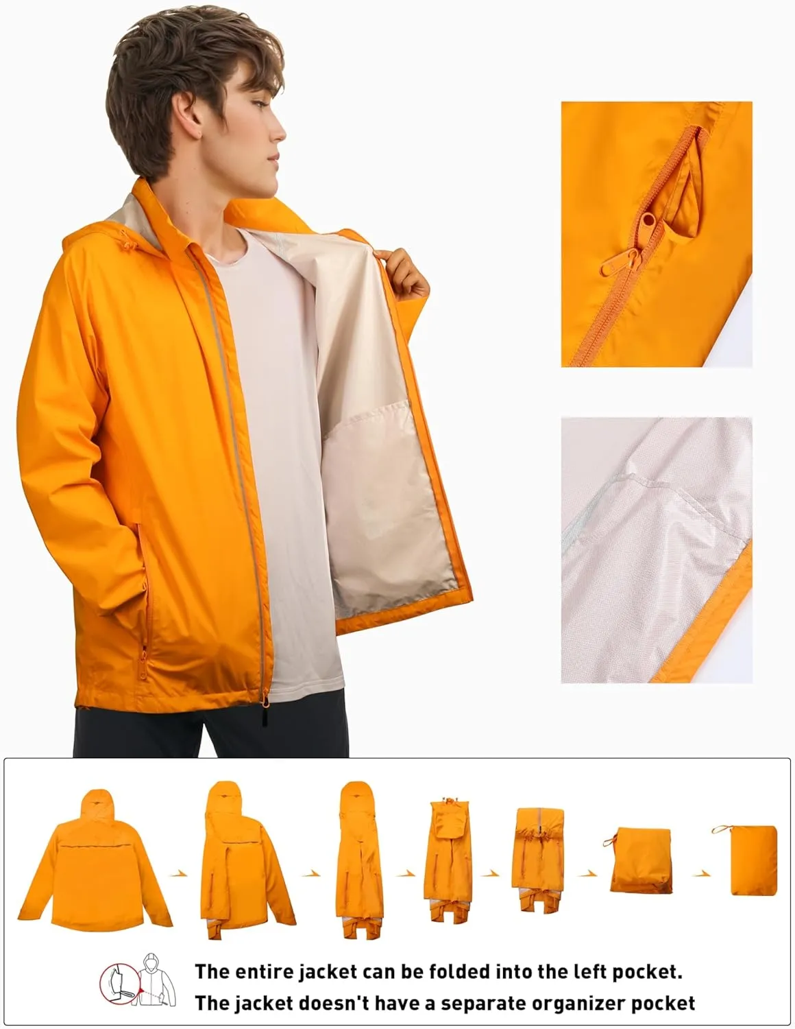 Men's Packable Rain Jackets Lightweight Waterproof Reflective Windbreaker Coat with Hood Cycling Running Golf