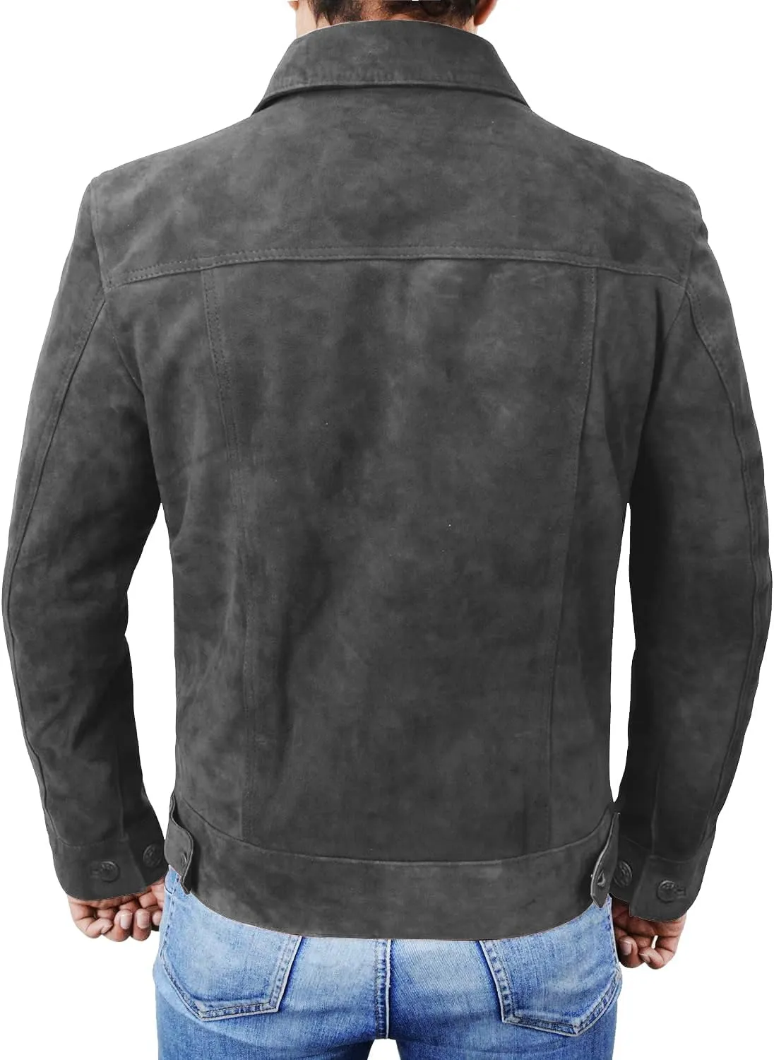 Mens Premium Brown Suede Leather Trucker Jacket - Vintage Classic Motorcycle Western Goat Leather Coat