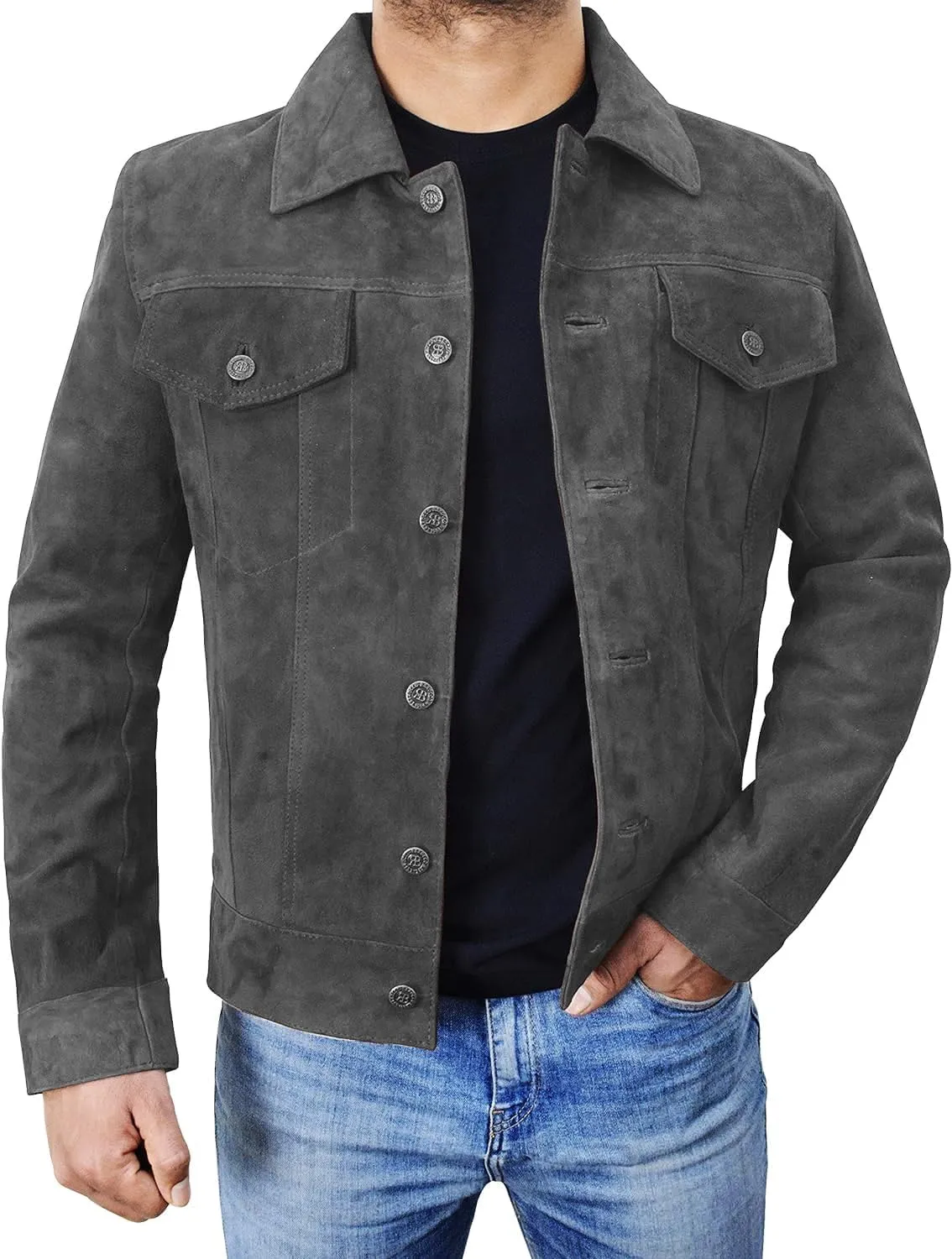Mens Premium Brown Suede Leather Trucker Jacket - Vintage Classic Motorcycle Western Goat Leather Coat