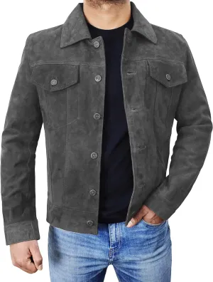 Mens Premium Brown Suede Leather Trucker Jacket - Vintage Classic Motorcycle Western Goat Leather Coat
