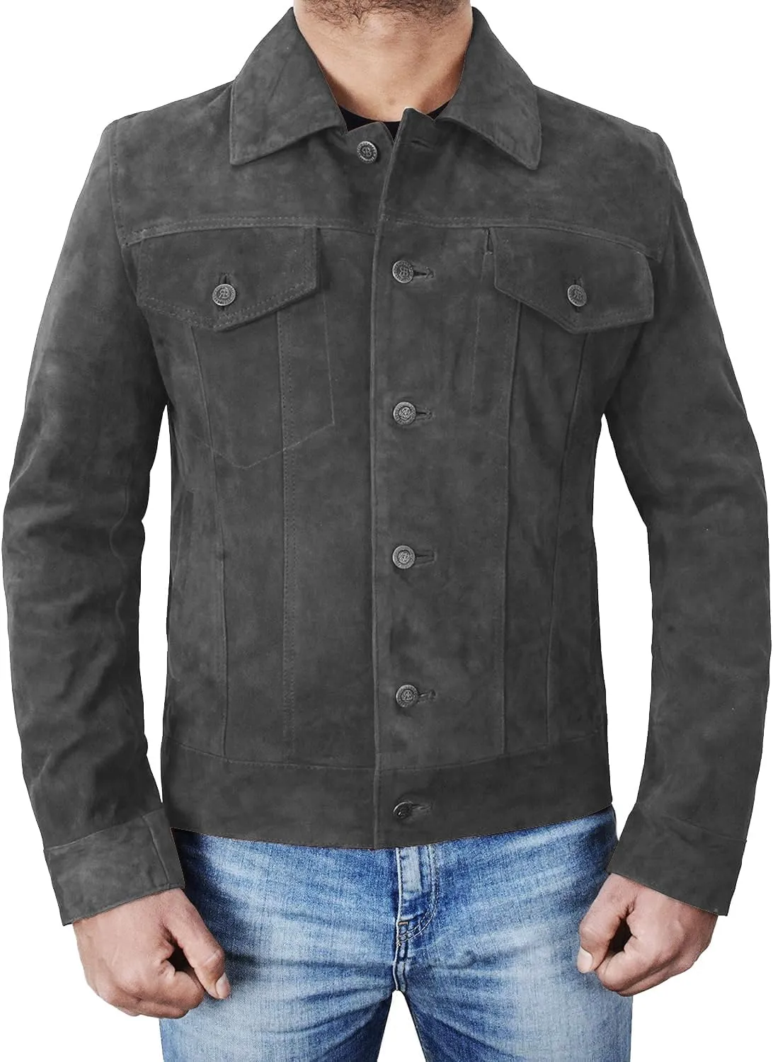Mens Premium Brown Suede Leather Trucker Jacket - Vintage Classic Motorcycle Western Goat Leather Coat