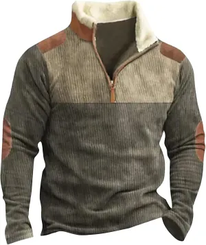 Men's Quarter Zipper Sherpa Sweatshirts 2025 Thermal Warm Sweater 1/4 Zip Stand Collar Cowboy Print Tactical Jacket