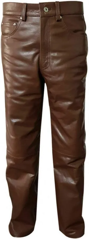 Men's Real Black & Brown Cow Leather Sleek & Sexy Style 501 Jeans Motorcycle Biker Pants Trouser
