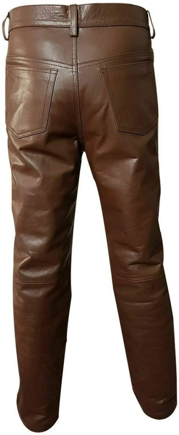 Men's Real Black & Brown Cow Leather Sleek & Sexy Style 501 Jeans Motorcycle Biker Pants Trouser