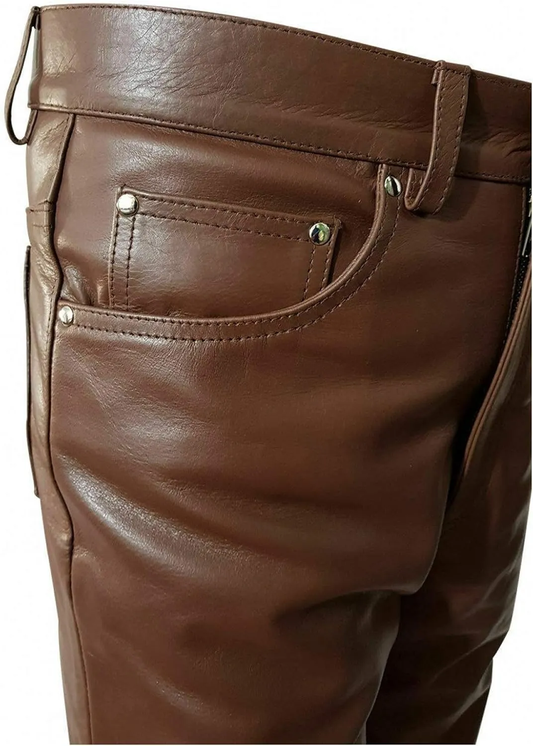Men's Real Black & Brown Cow Leather Sleek & Sexy Style 501 Jeans Motorcycle Biker Pants Trouser