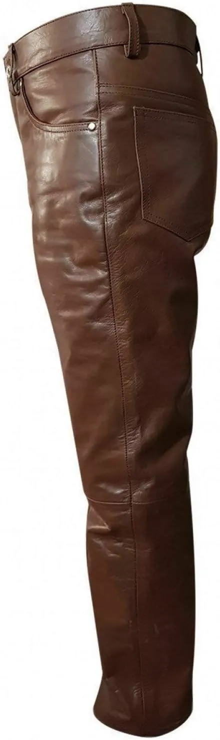 Men's Real Black & Brown Cow Leather Sleek & Sexy Style 501 Jeans Motorcycle Biker Pants Trouser