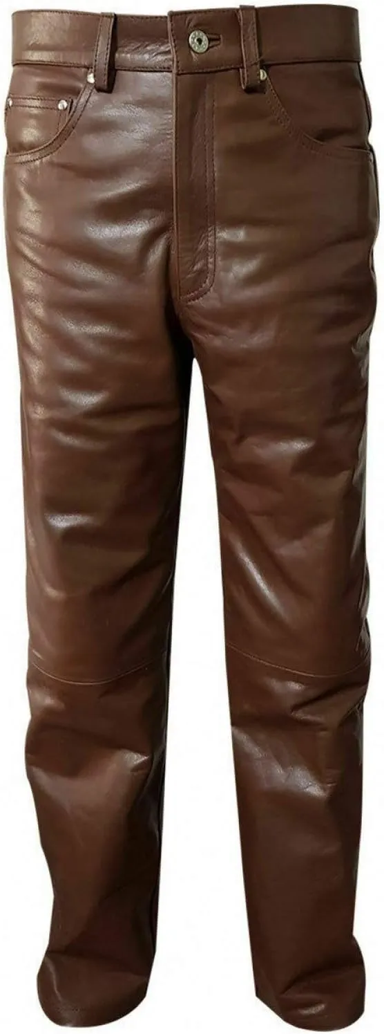 Men's Real Black & Brown Cow Leather Sleek & Sexy Style 501 Jeans Motorcycle Biker Pants Trouser