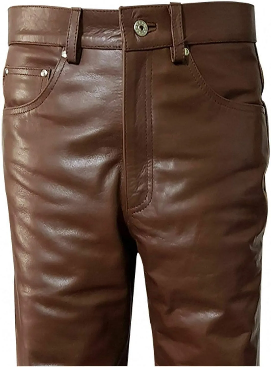 Men's Real Black & Brown Cow Leather Sleek & Sexy Style 501 Jeans Motorcycle Biker Pants Trouser