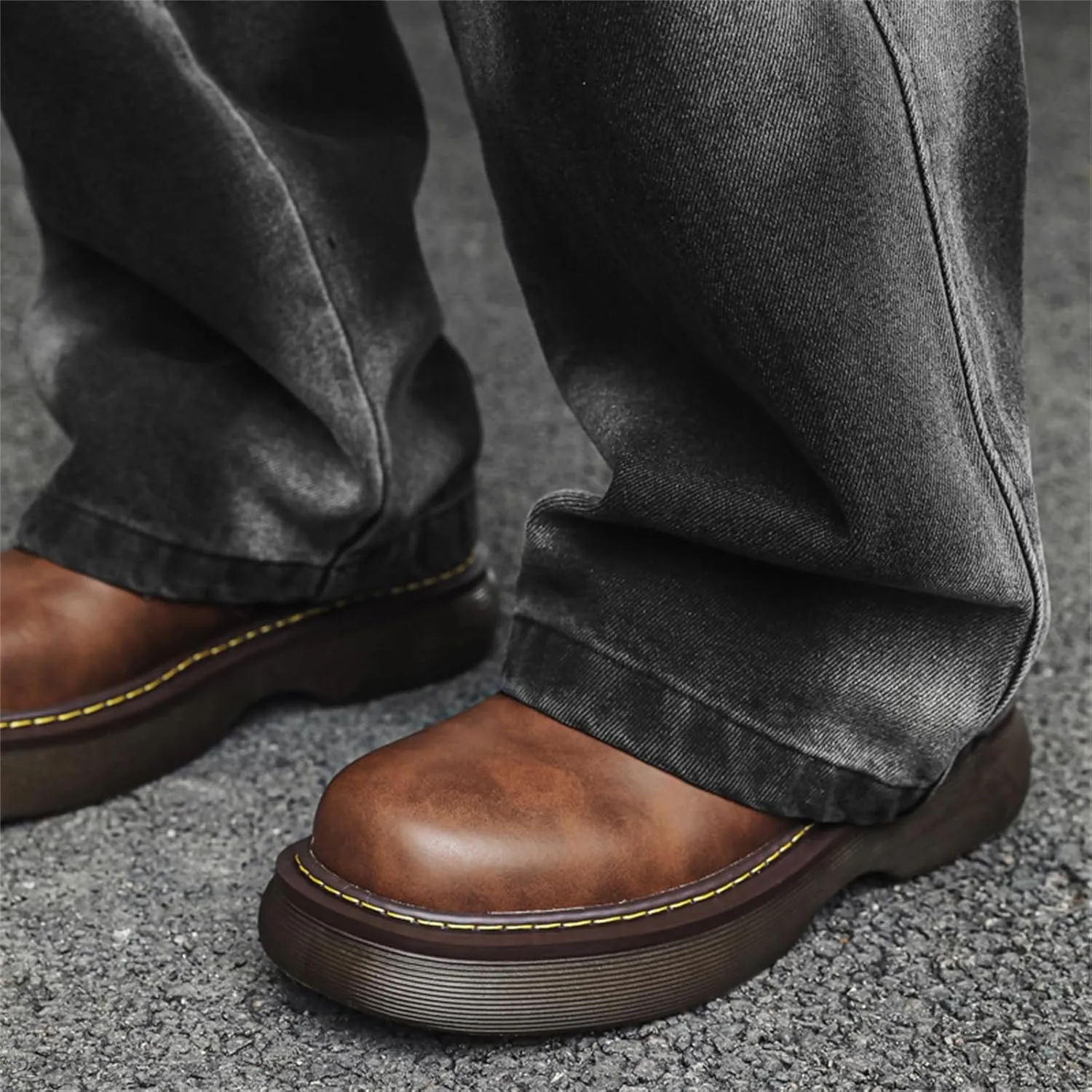 Men's Vintage Platform Genuine Leather Fashion Dress Sneakers Business Round Toe Oxfords Shoes Casual Chunky Derby Shoes