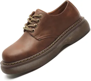 Men's Vintage Platform Genuine Leather Fashion Dress Sneakers Business Round Toe Oxfords Shoes Casual Chunky Derby Shoes