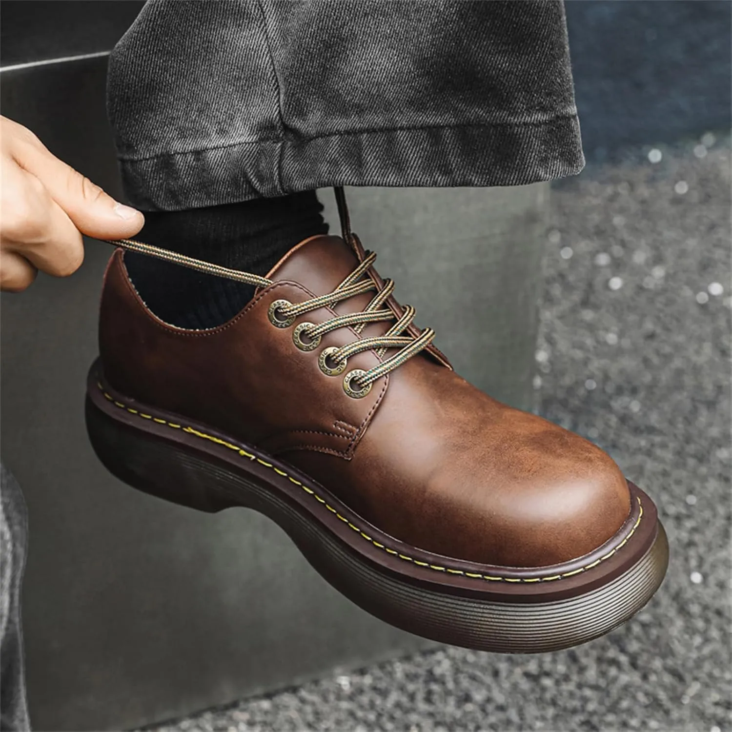 Men's Vintage Platform Genuine Leather Fashion Dress Sneakers Business Round Toe Oxfords Shoes Casual Chunky Derby Shoes