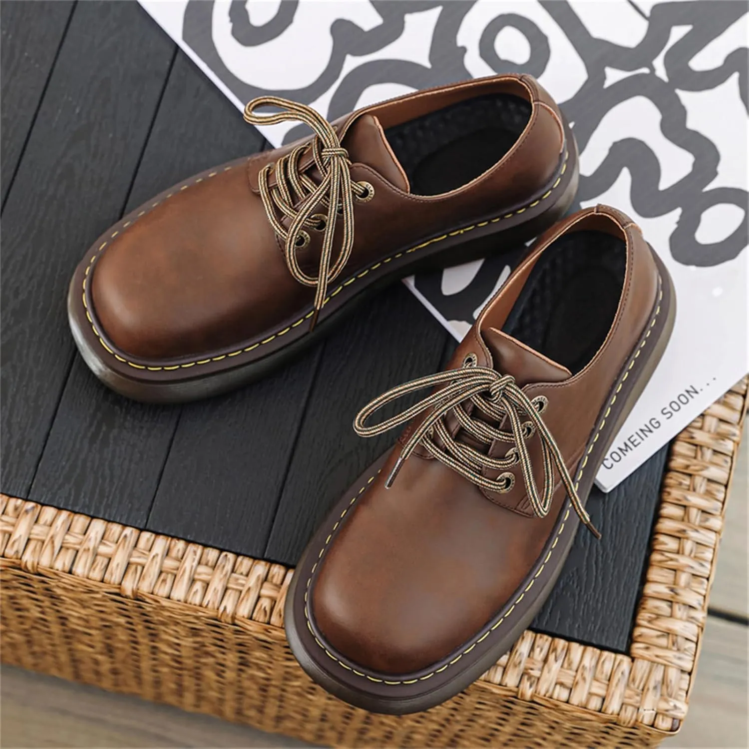 Men's Vintage Platform Genuine Leather Fashion Dress Sneakers Business Round Toe Oxfords Shoes Casual Chunky Derby Shoes