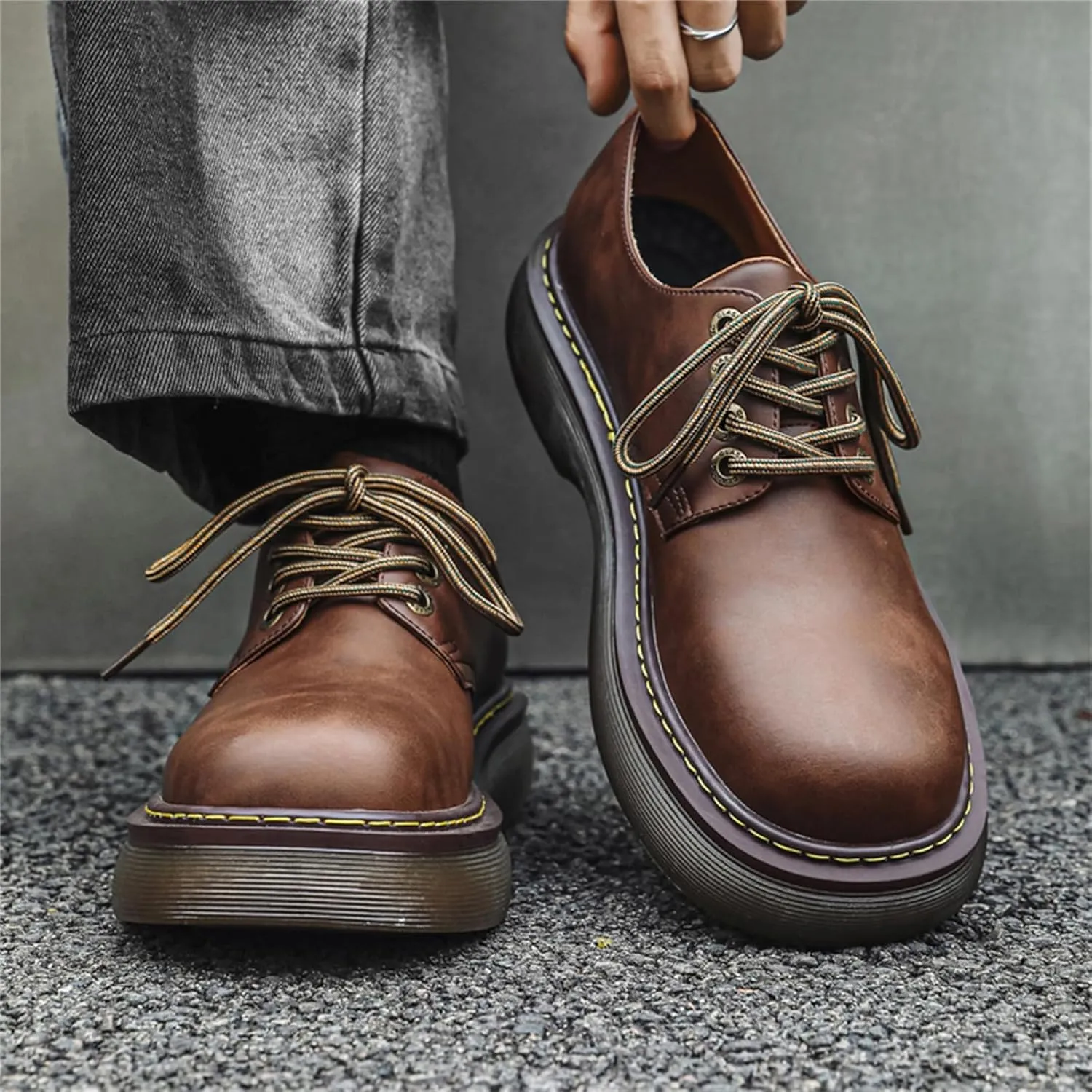 Men's Vintage Platform Genuine Leather Fashion Dress Sneakers Business Round Toe Oxfords Shoes Casual Chunky Derby Shoes