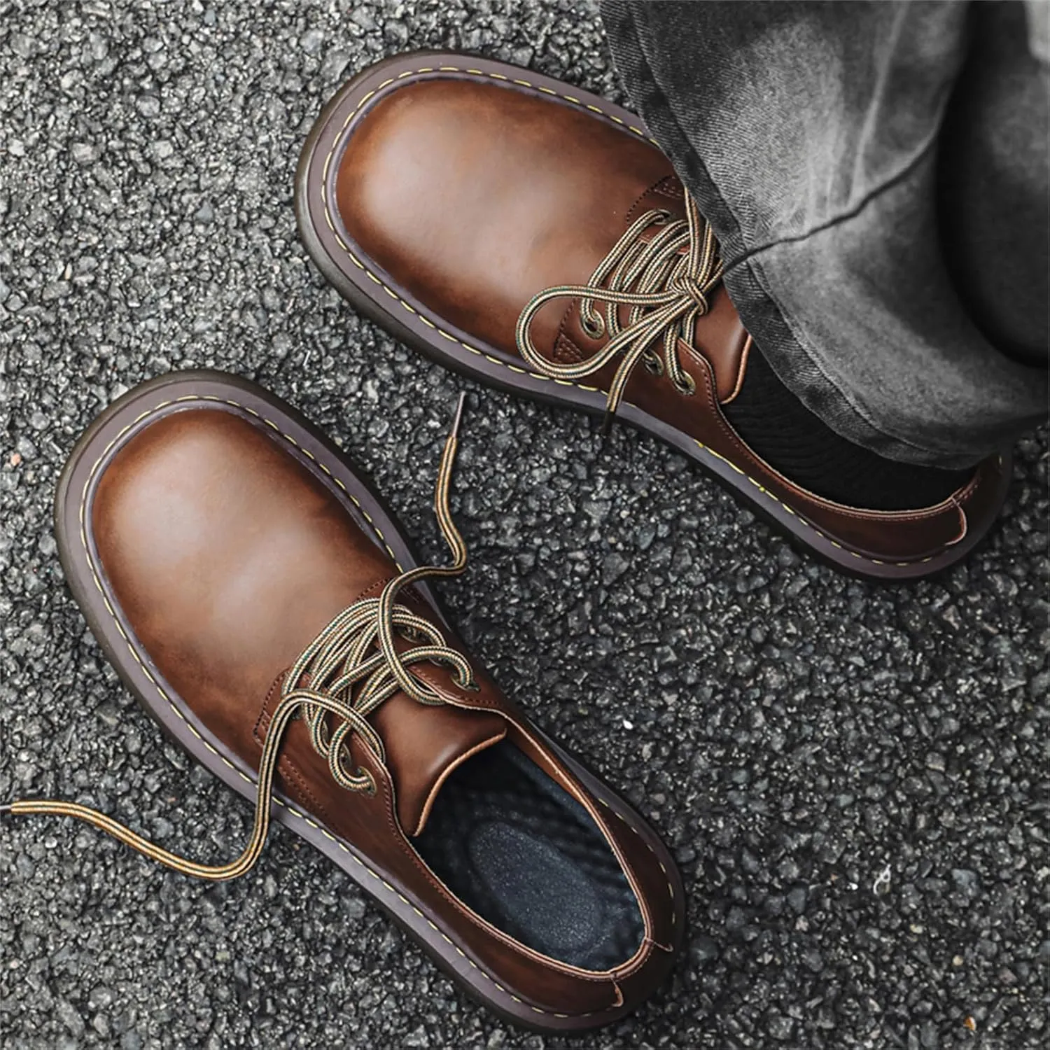 Men's Vintage Platform Genuine Leather Fashion Dress Sneakers Business Round Toe Oxfords Shoes Casual Chunky Derby Shoes