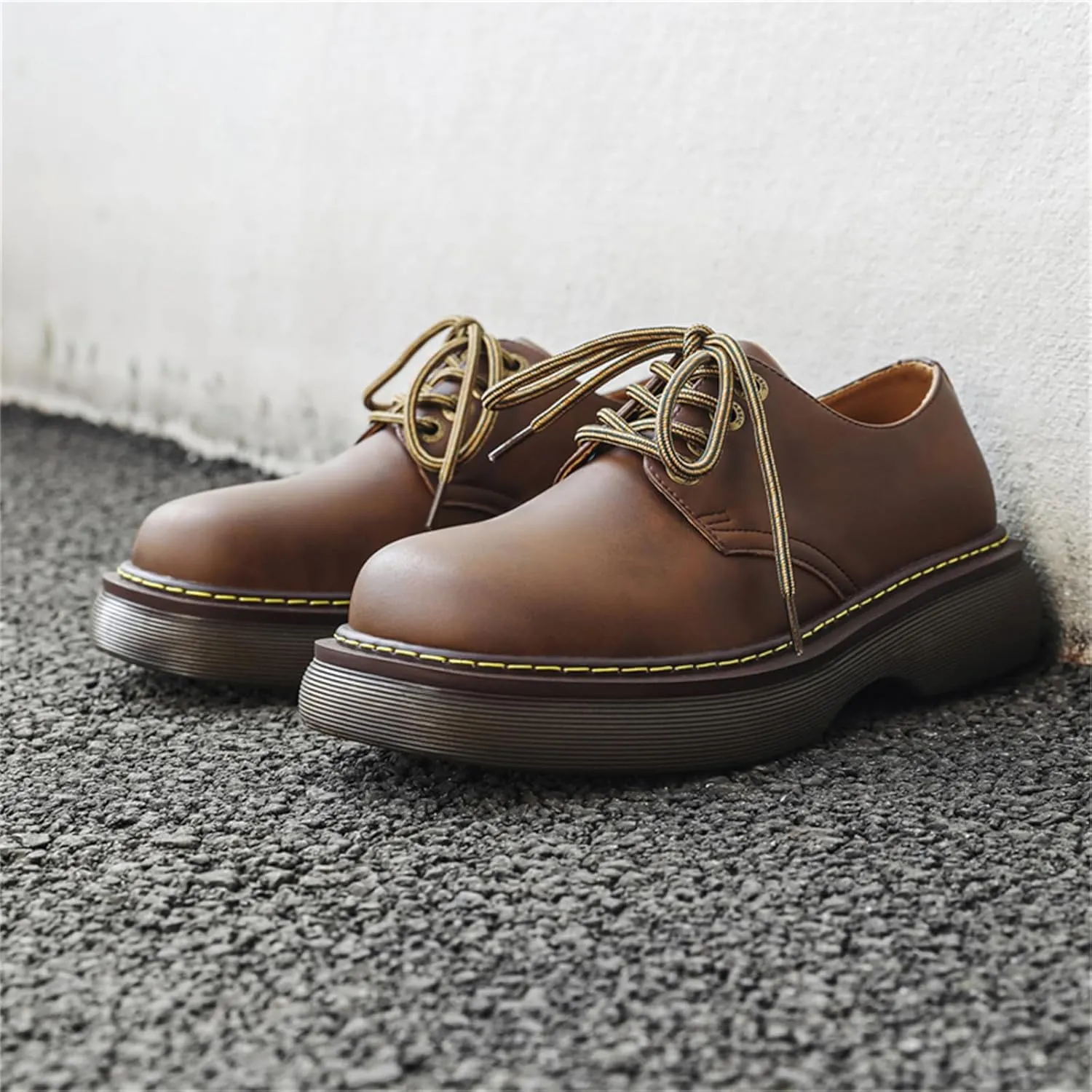 Men's Vintage Platform Genuine Leather Fashion Dress Sneakers Business Round Toe Oxfords Shoes Casual Chunky Derby Shoes