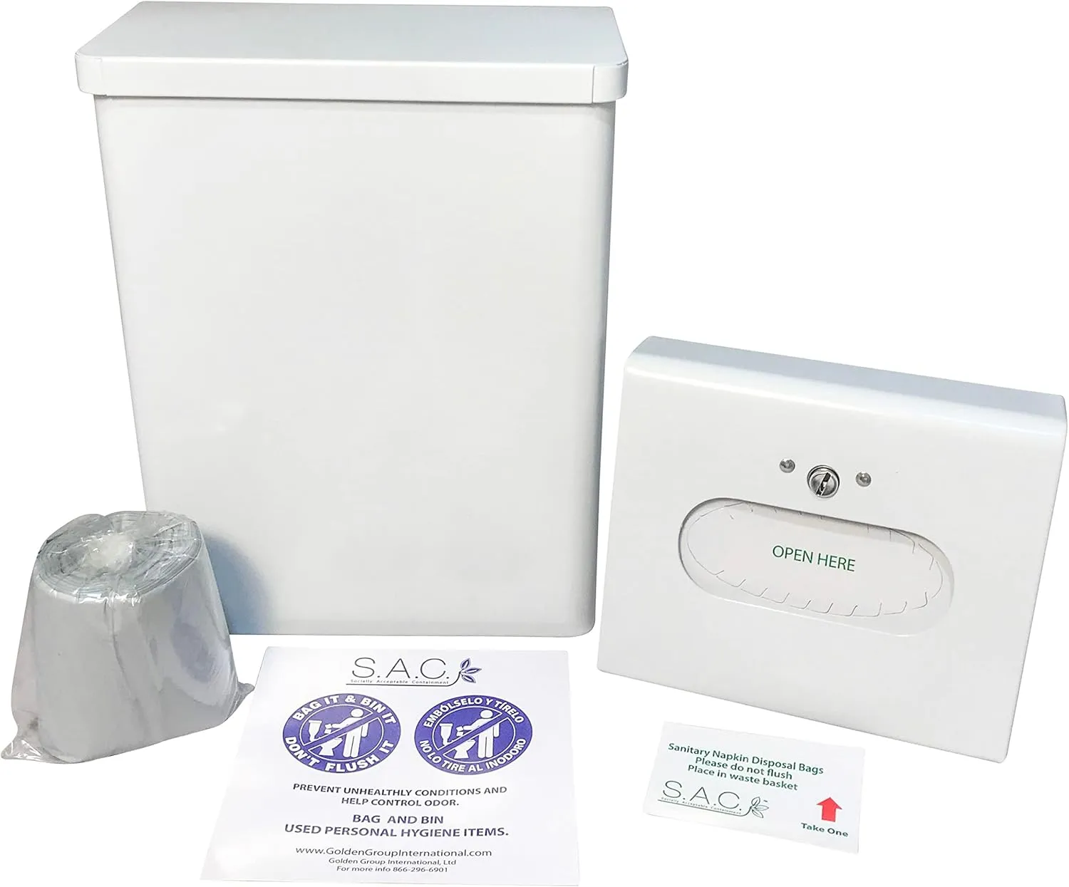 Menstrual product disposal set includes: 1 receptacle with 50 bag liners, 1 courtesy bag dispenser with 50 bags, durable steel, (White)
