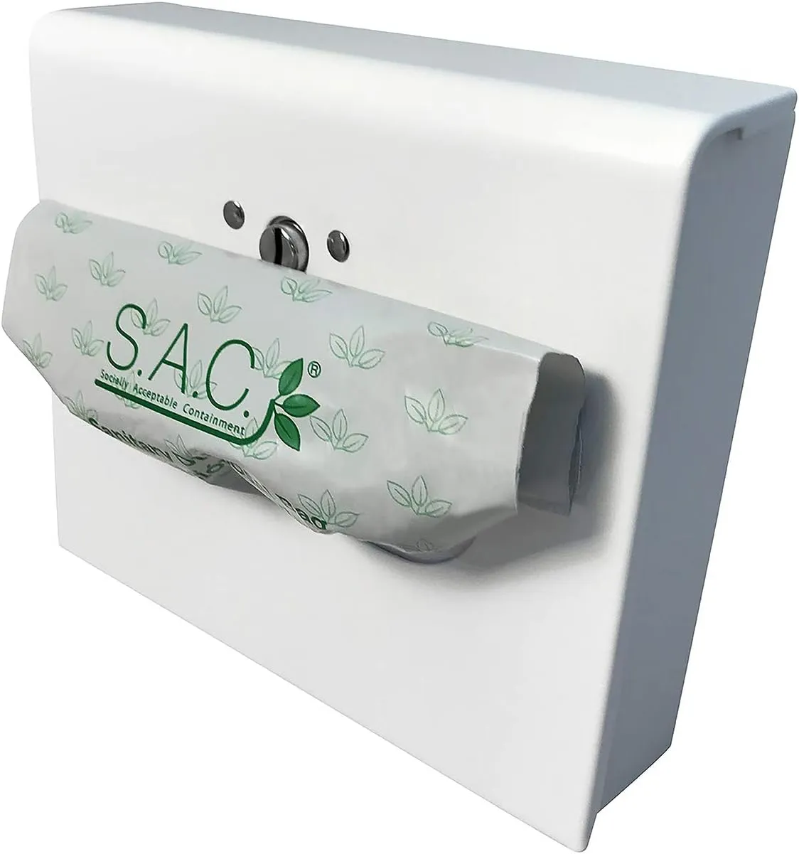 Menstrual product disposal set includes: 1 receptacle with 50 bag liners, 1 courtesy bag dispenser with 50 bags, durable steel, (White)