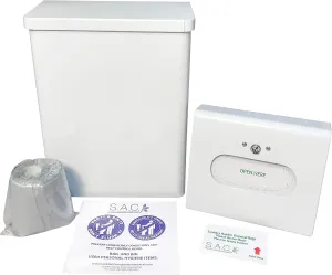 Menstrual product disposal set includes: 1 receptacle with 50 bag liners, 1 courtesy bag dispenser with 50 bags, durable steel, (White)