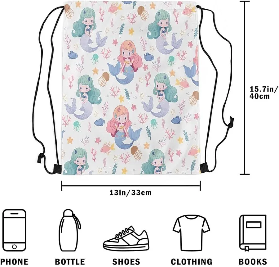 Mermaid Drawstring Backpack,Cartoon Mermaid Tail Drawstring Bag 13"x15.7" inch,Cute Tropical Coral Draw String Back Bag,Hawaii Ocean Animal String Backpack for Sport Gym Swim