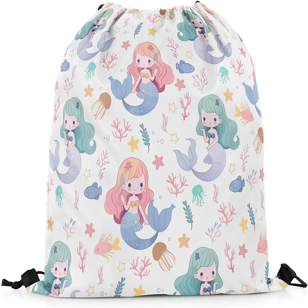 Mermaid Drawstring Backpack,Cartoon Mermaid Tail Drawstring Bag 13"x15.7" inch,Cute Tropical Coral Draw String Back Bag,Hawaii Ocean Animal String Backpack for Sport Gym Swim