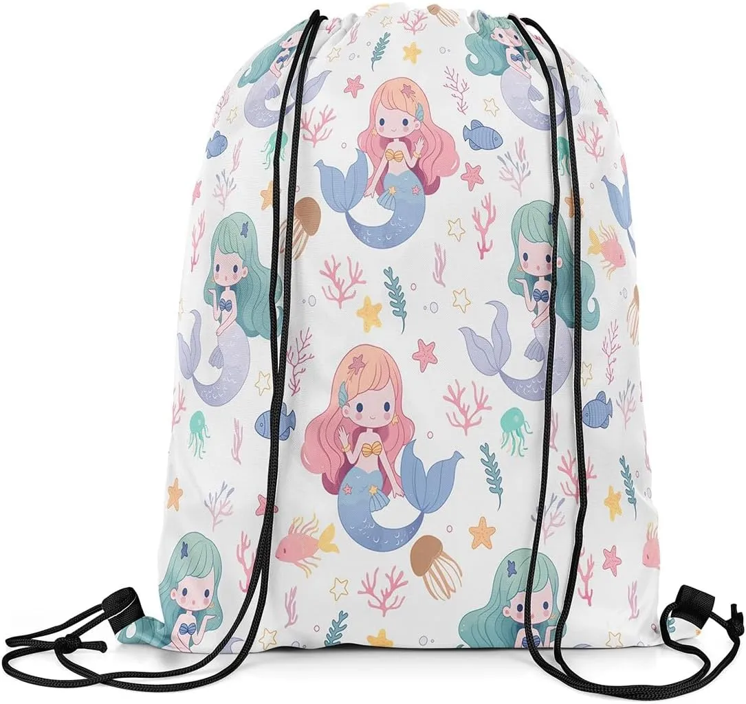 Mermaid Drawstring Backpack,Cartoon Mermaid Tail Drawstring Bag 13"x15.7" inch,Cute Tropical Coral Draw String Back Bag,Hawaii Ocean Animal String Backpack for Sport Gym Swim