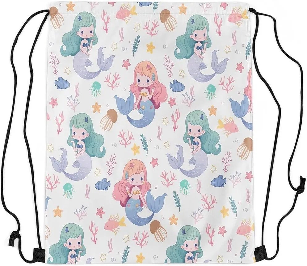 Mermaid Drawstring Backpack,Cartoon Mermaid Tail Drawstring Bag 13"x15.7" inch,Cute Tropical Coral Draw String Back Bag,Hawaii Ocean Animal String Backpack for Sport Gym Swim