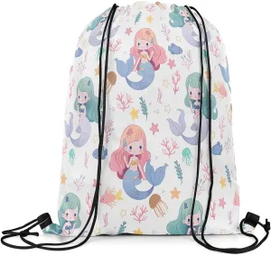 Mermaid Drawstring Backpack,Cartoon Mermaid Tail Drawstring Bag 13"x15.7" inch,Cute Tropical Coral Draw String Back Bag,Hawaii Ocean Animal String Backpack for Sport Gym Swim