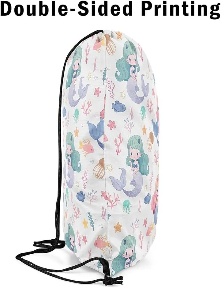 Mermaid Drawstring Backpack,Cartoon Mermaid Tail Drawstring Bag 13"x15.7" inch,Cute Tropical Coral Draw String Back Bag,Hawaii Ocean Animal String Backpack for Sport Gym Swim