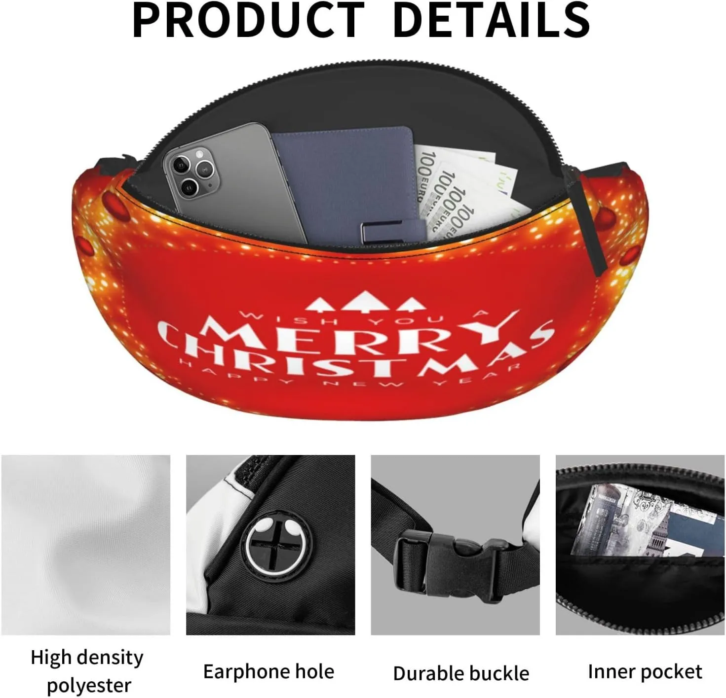 Merry Christmas Balls Fanny Pack, Crossbody Waist Packs for Women Men Waist Bags with Adjustable Strap for Travel Running Hiking Sport