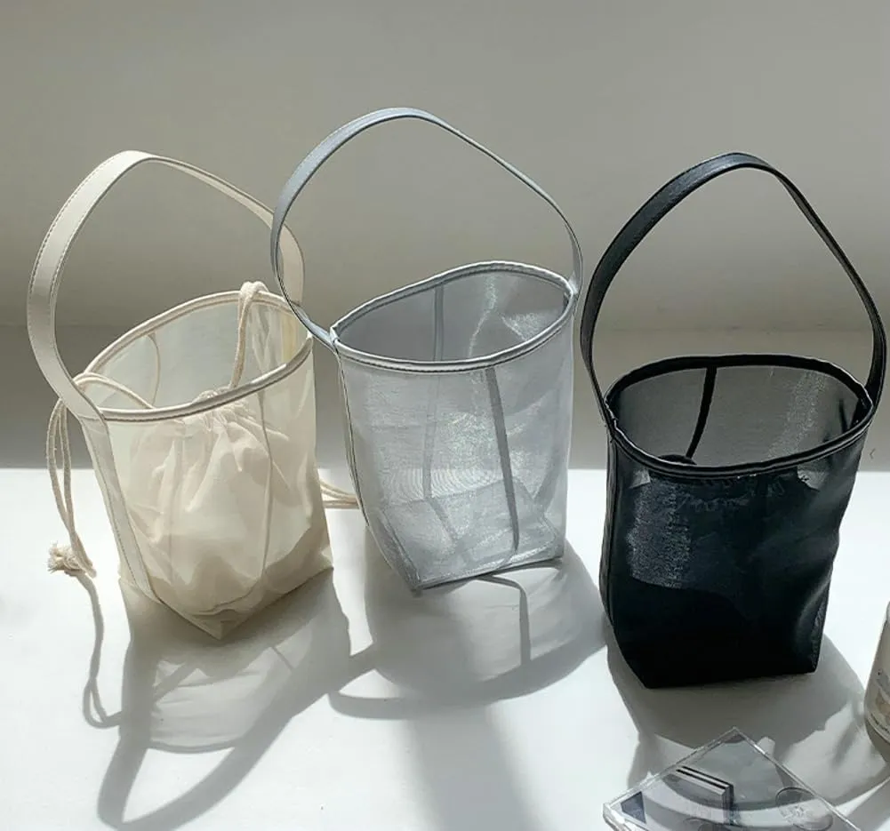 Mesh Beach Bag Women Bucket Bags Shoulder Handbag Crossbody Purses Summer Aesthetic Beach Tote Handbag with Extra Purse