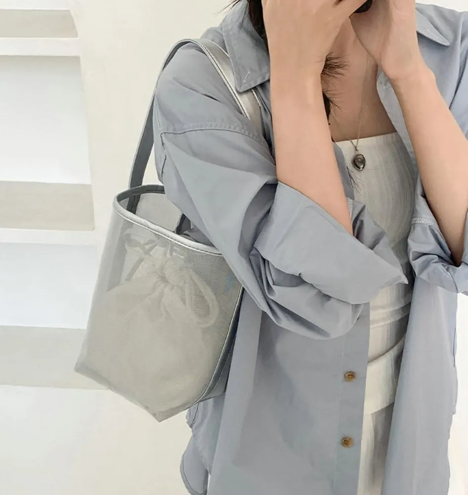 Mesh Beach Bag Women Bucket Bags Shoulder Handbag Crossbody Purses Summer Aesthetic Beach Tote Handbag with Extra Purse