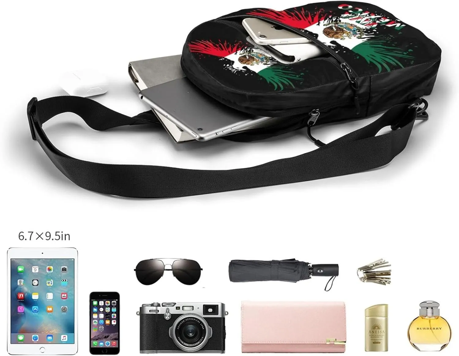 Mexico Eagle Mexican MX National Flags Portable Crossbody Bag Foldable Sling Bags Sports Gym Chest Daypack Reusable Shoulder Backpack Casual Diagonally Rucksack Fanny Packs